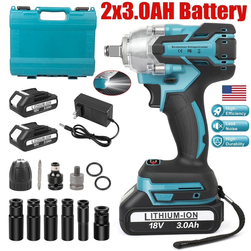 Cordless Impact Wrench 1/2" Brushless Motor with 2x3.0Ah Batery for Makita 18V