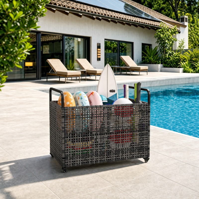 Pool Float Storage Bin Rattan Outdoor Pool Organizer Rolling Pool Storage Bin gallery