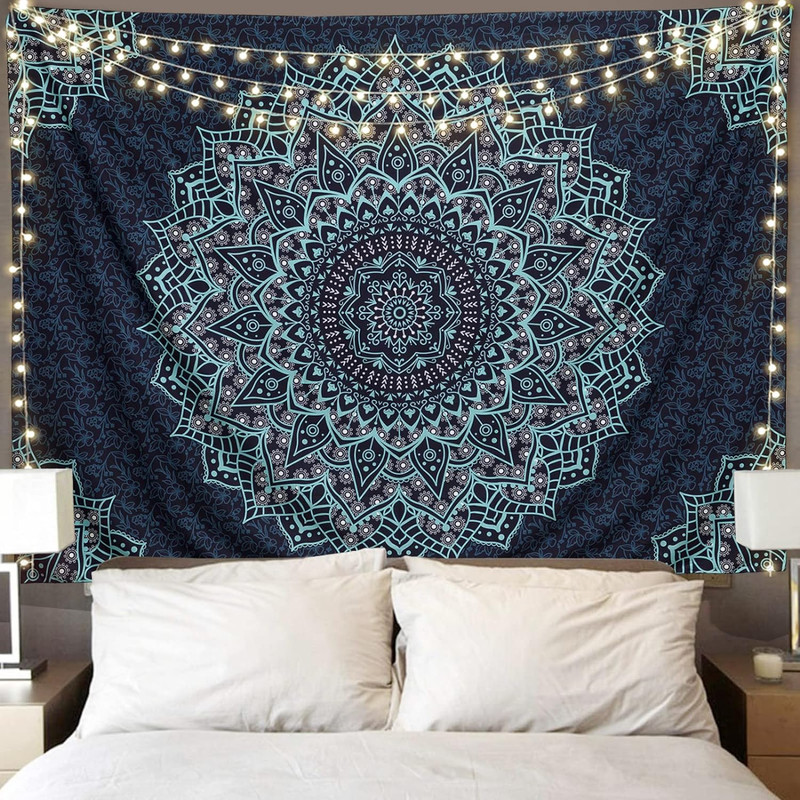Black Blue Mandala Tapestry Wall Hanging Vintage Tapestries Aesthetic Hippie Wal gallery