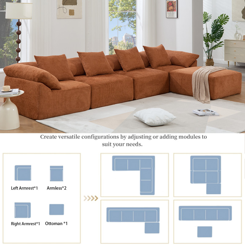 142" L Shaped Modular Sectional Sofa Convertible Sleeper Couch w/Ottoman Orange gallery