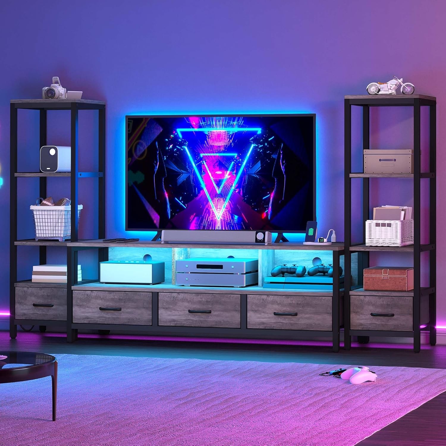 DWVO Grey 65 Inch LED TV Stand with Bookshelves gallery