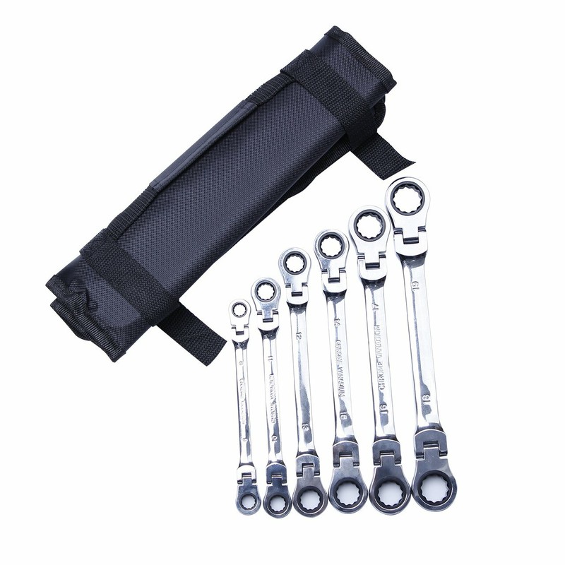 6Pcs Normal Double Box End Ratcheting Wrench Flex-Head Extra Long Spanner Set US gallery