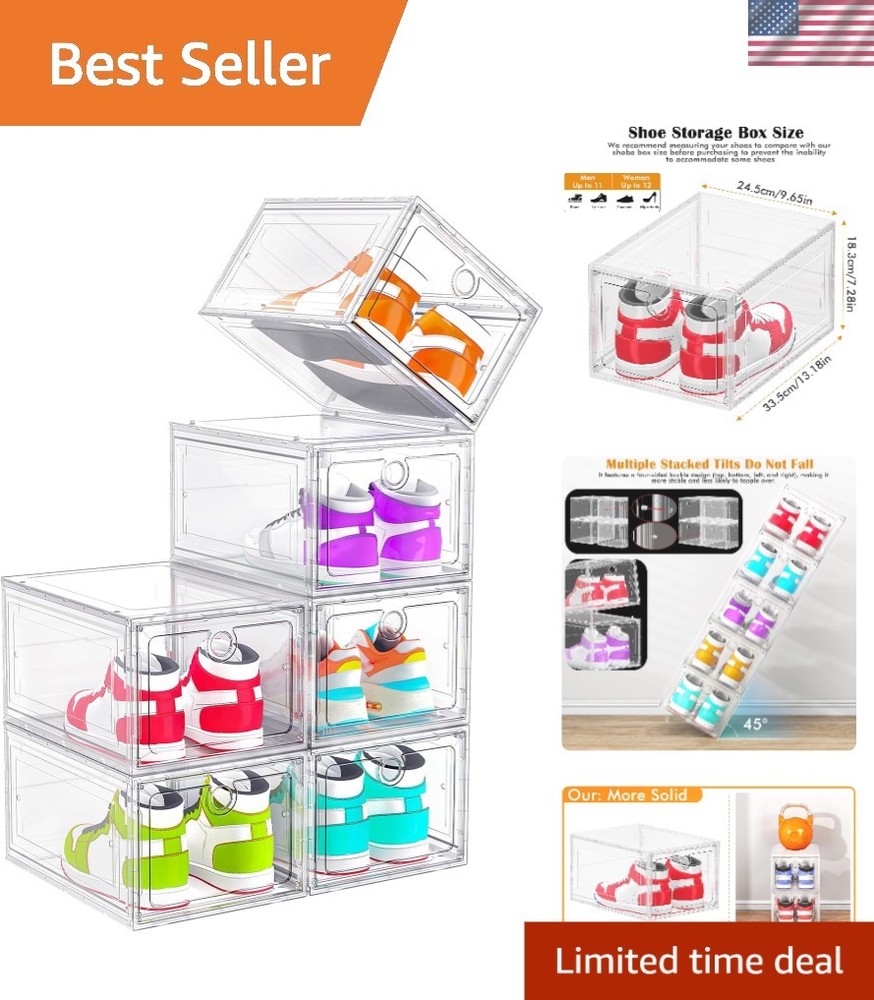 Shoe Storage Box Clear Stackable Shoe Organizer with Magnetic Door 6 Pack