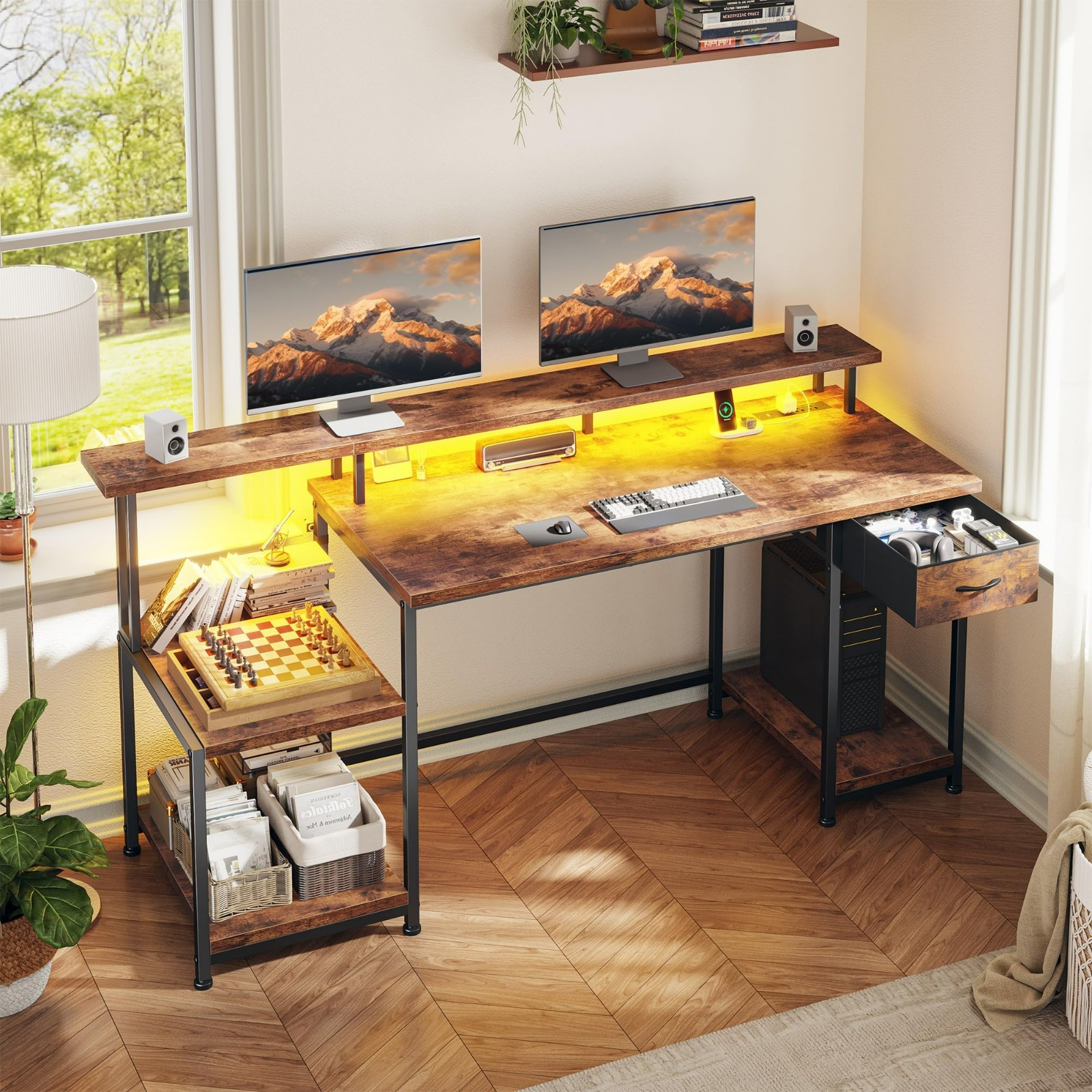 Home Office Study Table Work Computer Gaming Desk with Drawer & LED,Rustic Brown gallery