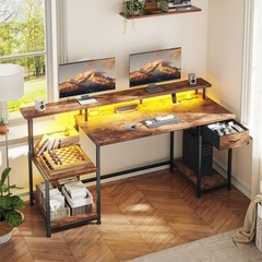 Home Office Study Table Work Computer Gaming Desk with Drawer & LED,Rustic Brown