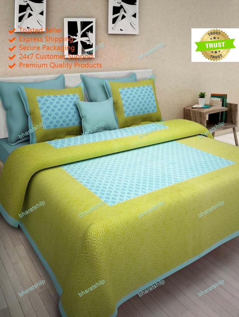 Bed Sheet with Two Pillow Cover Green Froal hand 4 Kaam Gad Buti Pure Cotton Dou gallery