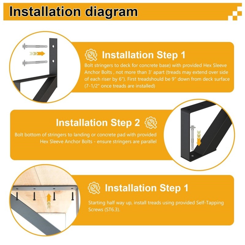 Steel Stair Riser 6 Step Stair Stringer for Deck Height 50in,Powder Coated Black gallery