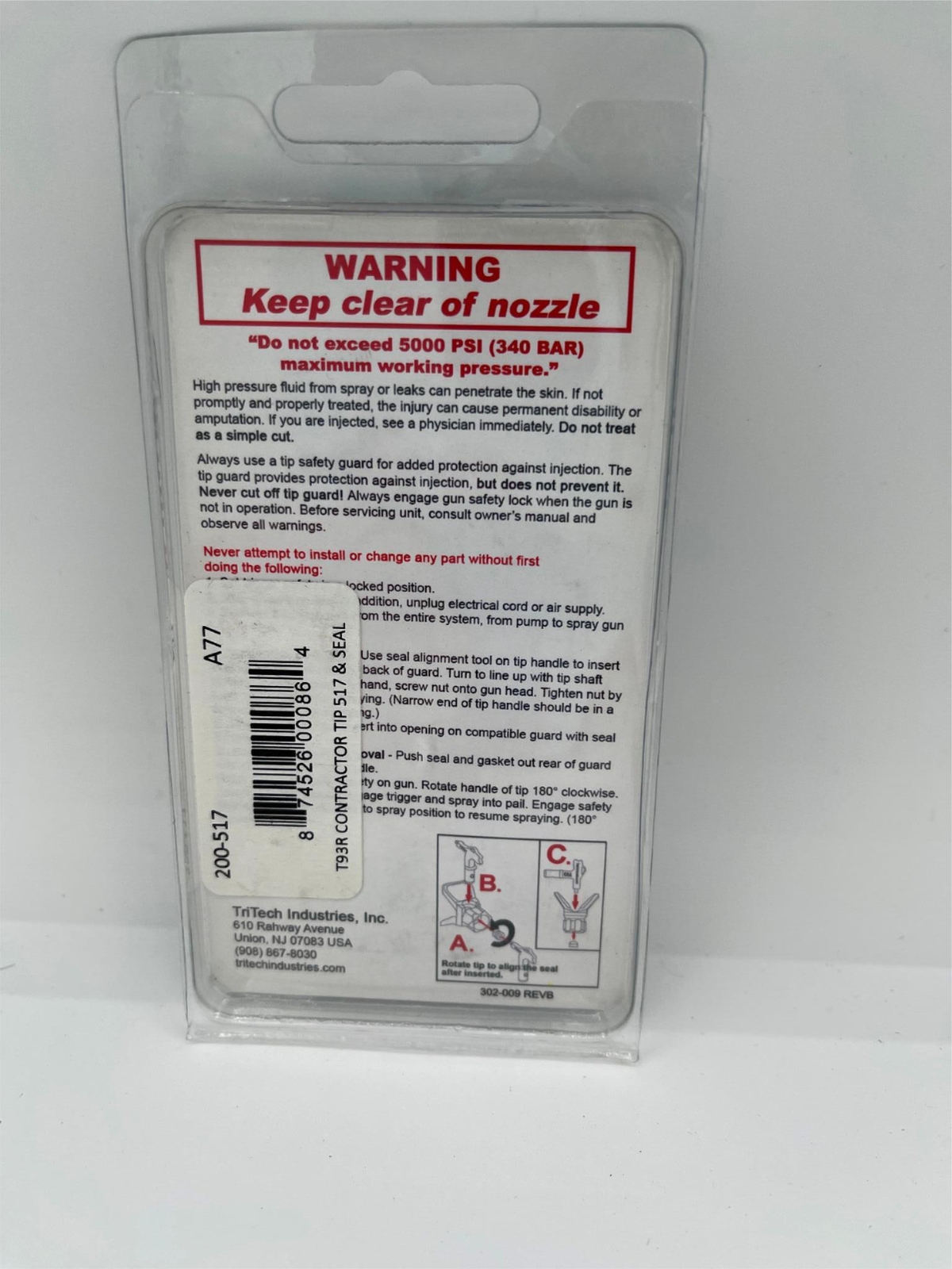 New, TriTech, 517, T93R, reversible airless spray tip, max pressure 5000 PSI gallery