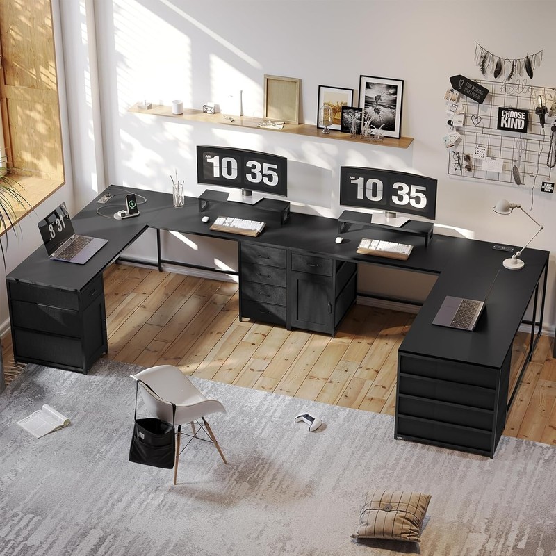 L Shaped Desk, 63" Computer Desk with 5 Drawer and Power Outlet Home Office Desk gallery