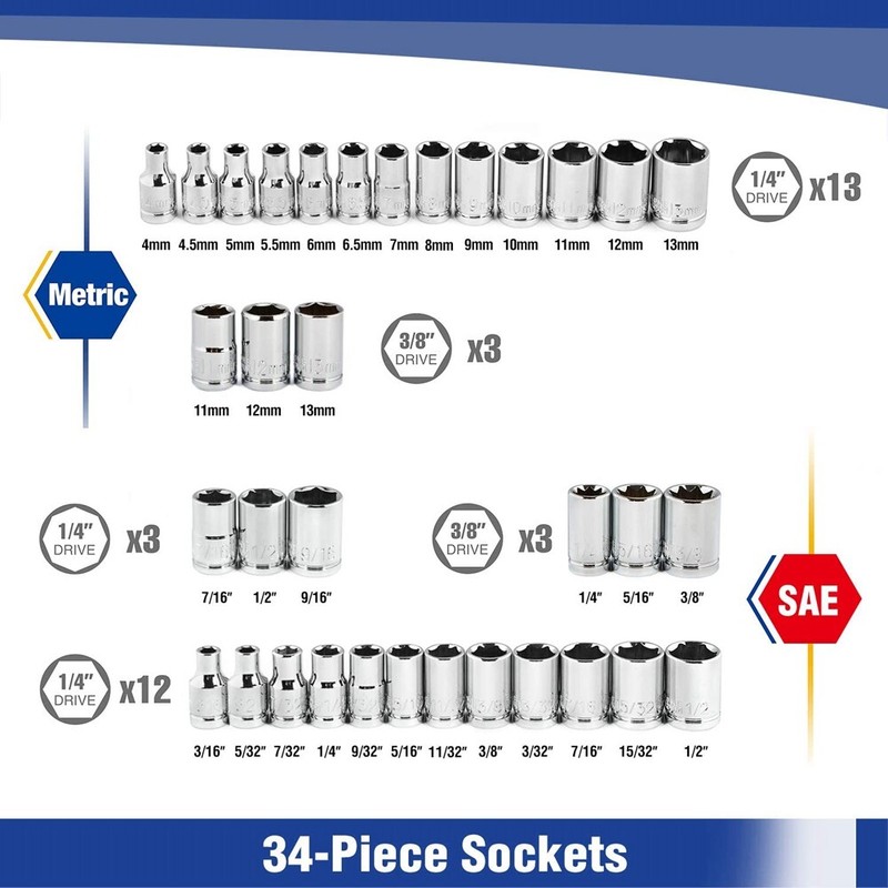 WORKPRO 39PCS 1/4" 3/8" Drive Socket Set 6-8 Point Ratchet Socket Set Metric SAE gallery