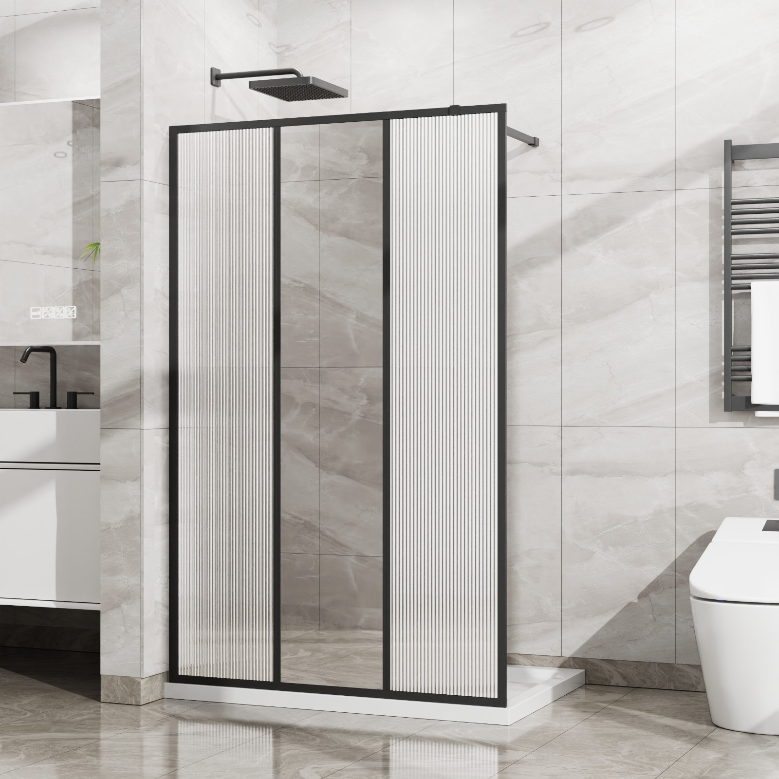 46"Wx72"H 3-Panel Fixed Shower Door, Center Mirror+Fluted Glass, 5mm Tempered, B gallery