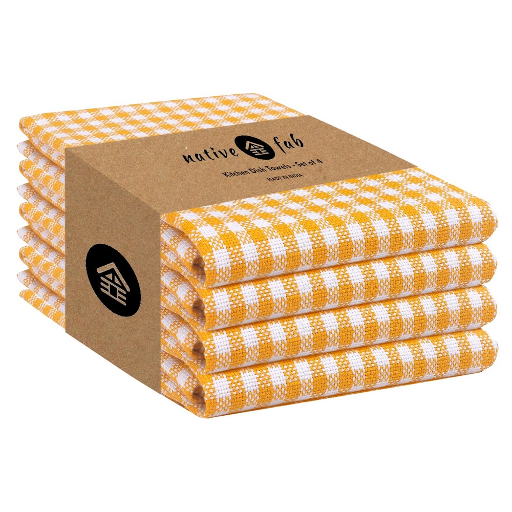 Native Fab 4 Pack Yellow Gingham Cotton Dish Towels 16"x26" Absorbent Kitche...