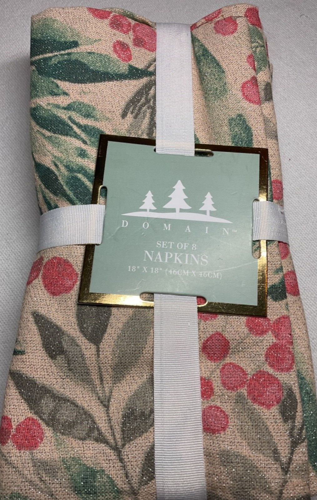 DOMAIN NAPKINS GREEN RED BERRIES GLITTER (8) 18 X 18 100% COTTON NIP gallery
