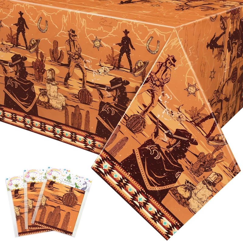 Western Cowboy Birthday Decorations - 3 Waterproof Tablecloths, 54'' x 108'' gallery