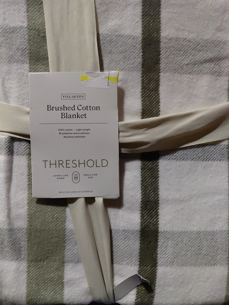 Threshold Full/Queen Brushed Cotton Blanket Green Plaid 100% Cotton