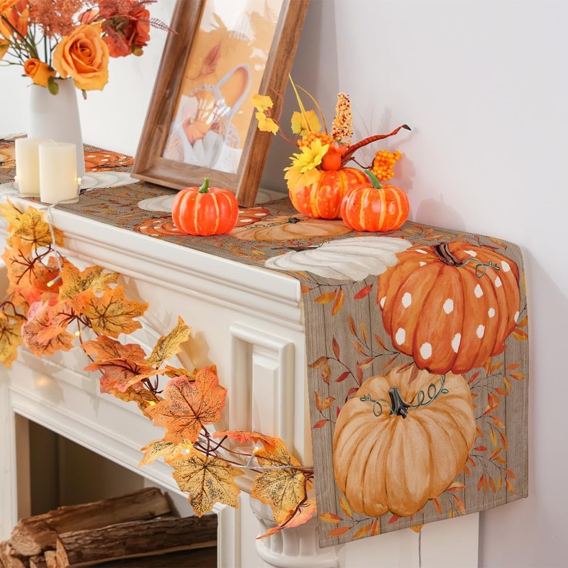 Fall Table Runner Wood Eucalyptus Orange Pumpkin Seasonal Autumn 13x48 Inch gallery