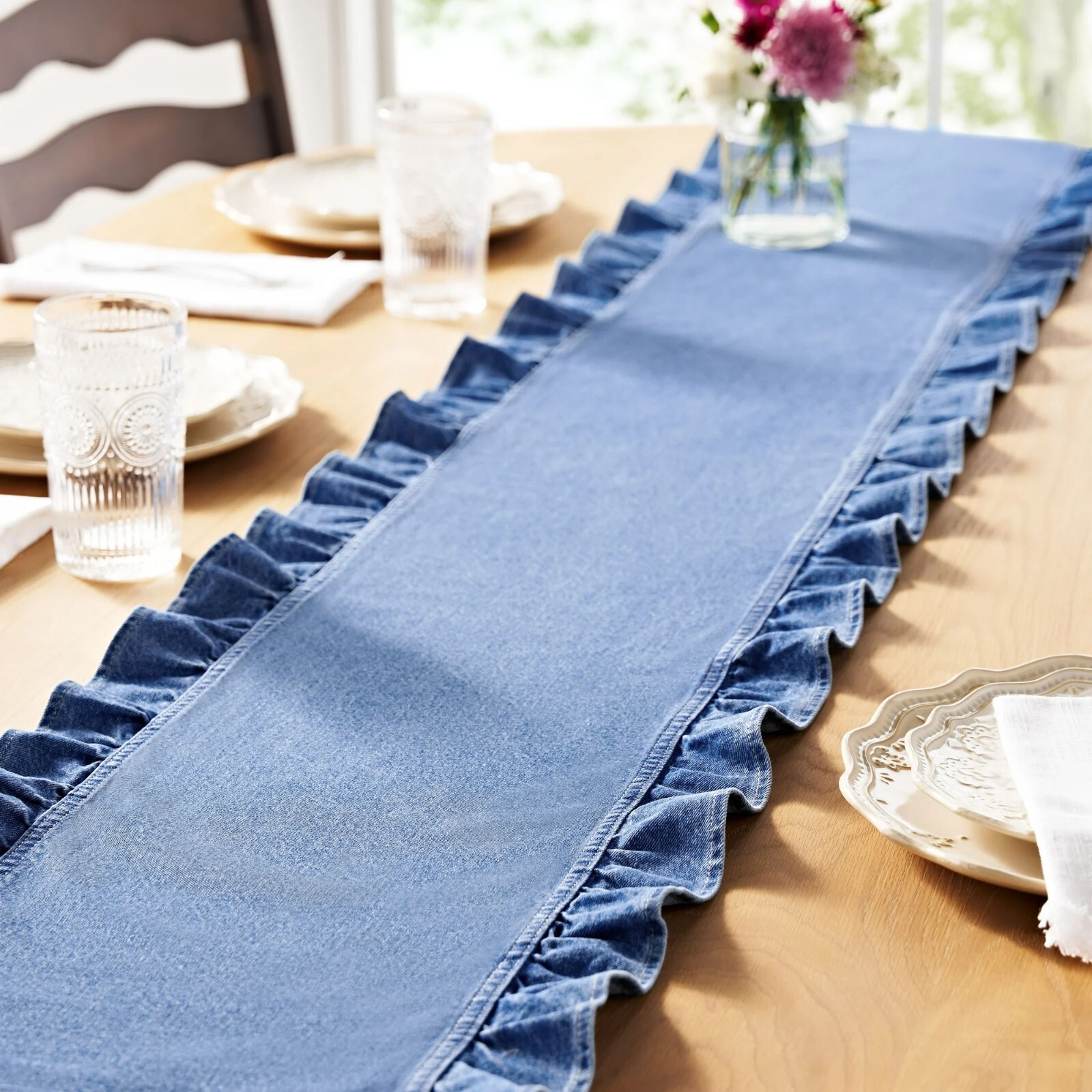Pioneer Woman Table Runner Ruffle Edges Soft Denim Fabric 90"x 14" Blue gallery