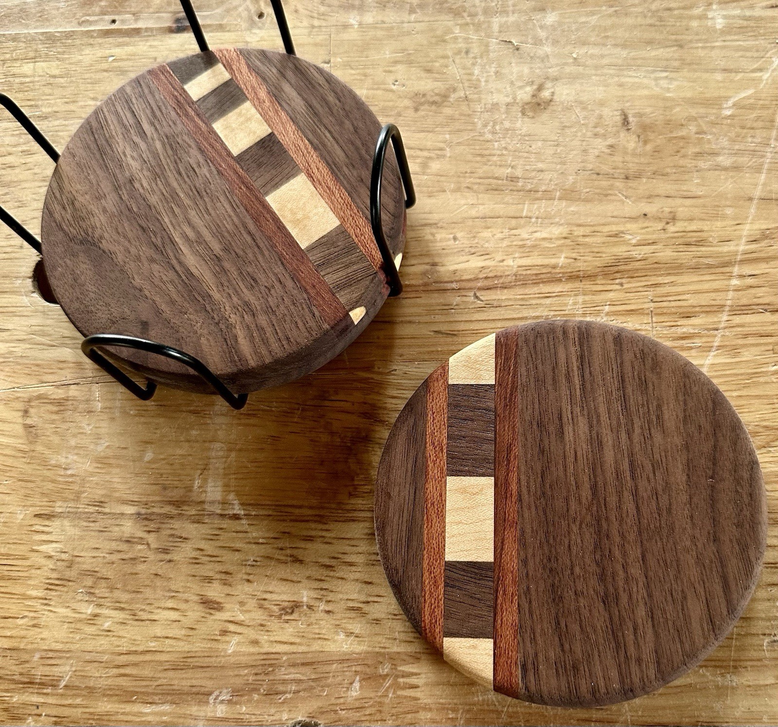 Handmade Walnut Coaster Set of 3 | Rosewood & Maple Inlay | Solid Hardwood gallery