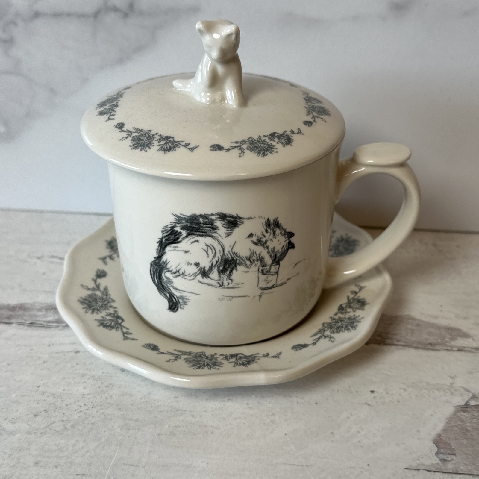 Creative Co-Op Steepware Cat & Mouse Teacup w/ Lid & Saucer - No Strainer - Read gallery