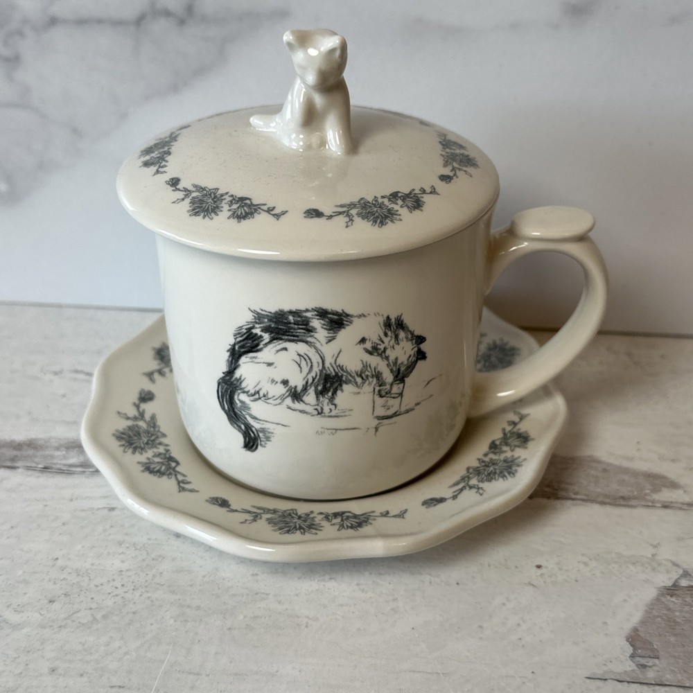 Creative Co-Op Steepware Cat & Mouse Teacup w/ Lid & Saucer - No Strainer - Read