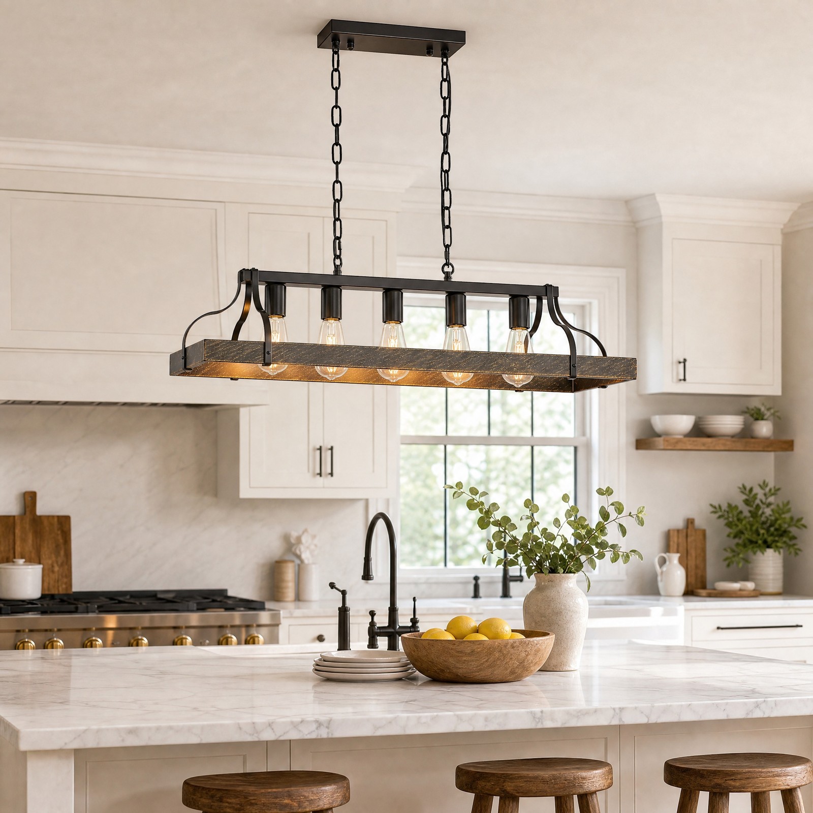 34 inch 5 Light Black Gold Linear LED Pendant Chandelier for Living Room Fixture gallery