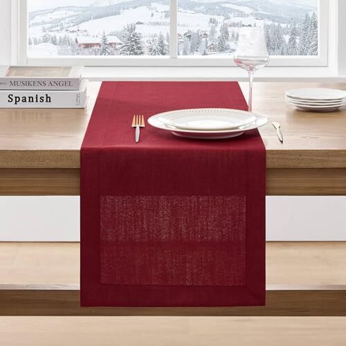 Linen Textured Border Table Runner, 14 x 48 Inch Farmhouse 14x48 Inch Red