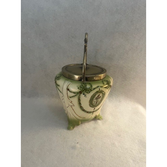 ANTIQUE Handle Crown Devon Green Biscuit Barrel SF&C Stoke On Trent FESTOON JAR gallery