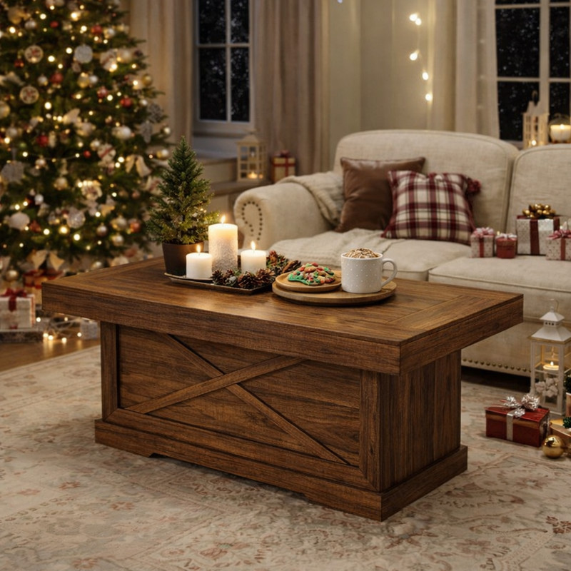 Rustic Square Coffee Table 39.4" Walnut for Living Room and Modern Office gallery