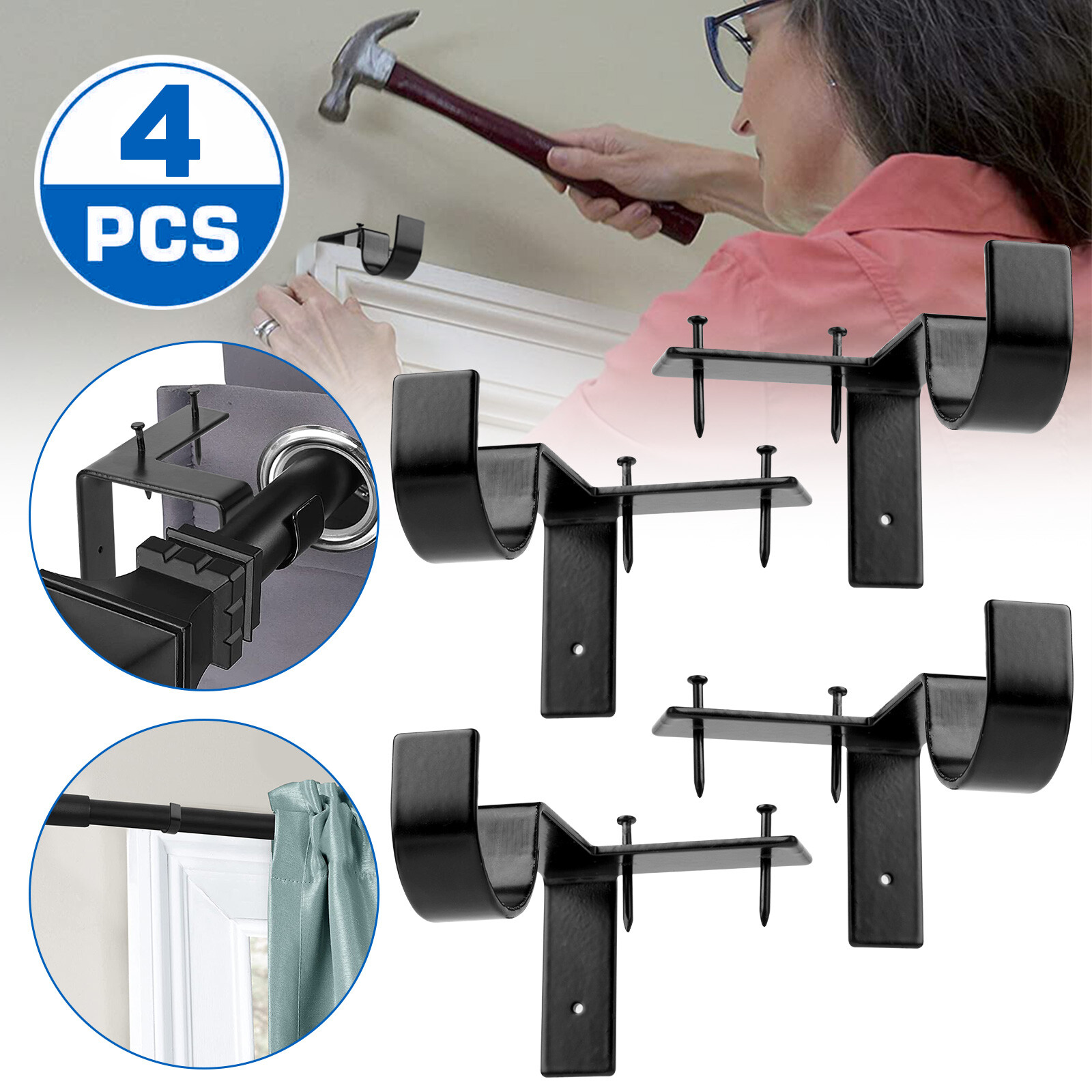 4PCS Bracket Hang Curtain Rod Holders Single Hook Right Into Window Frame Decor gallery