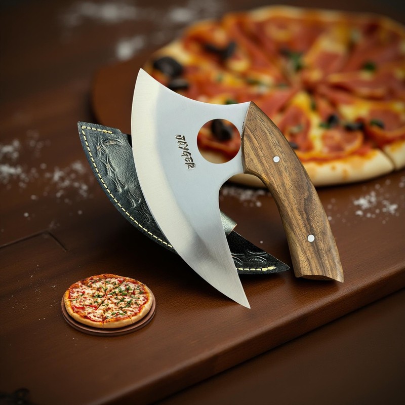 Handmade Ulu Knife with Leather Sheath – Carbon Steel Pizza Cutter & Curved B... gallery