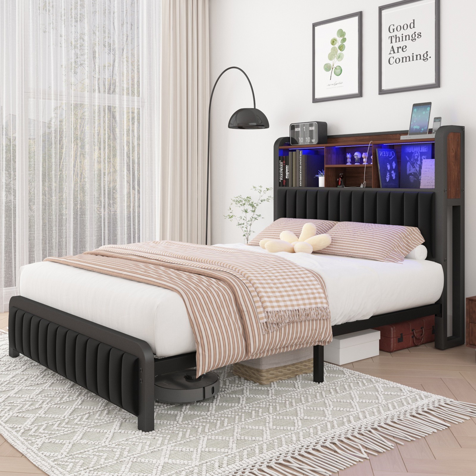 Full Queen Size Iron Bed Frame with Storage&Charging Headboard and LED Lights gallery
