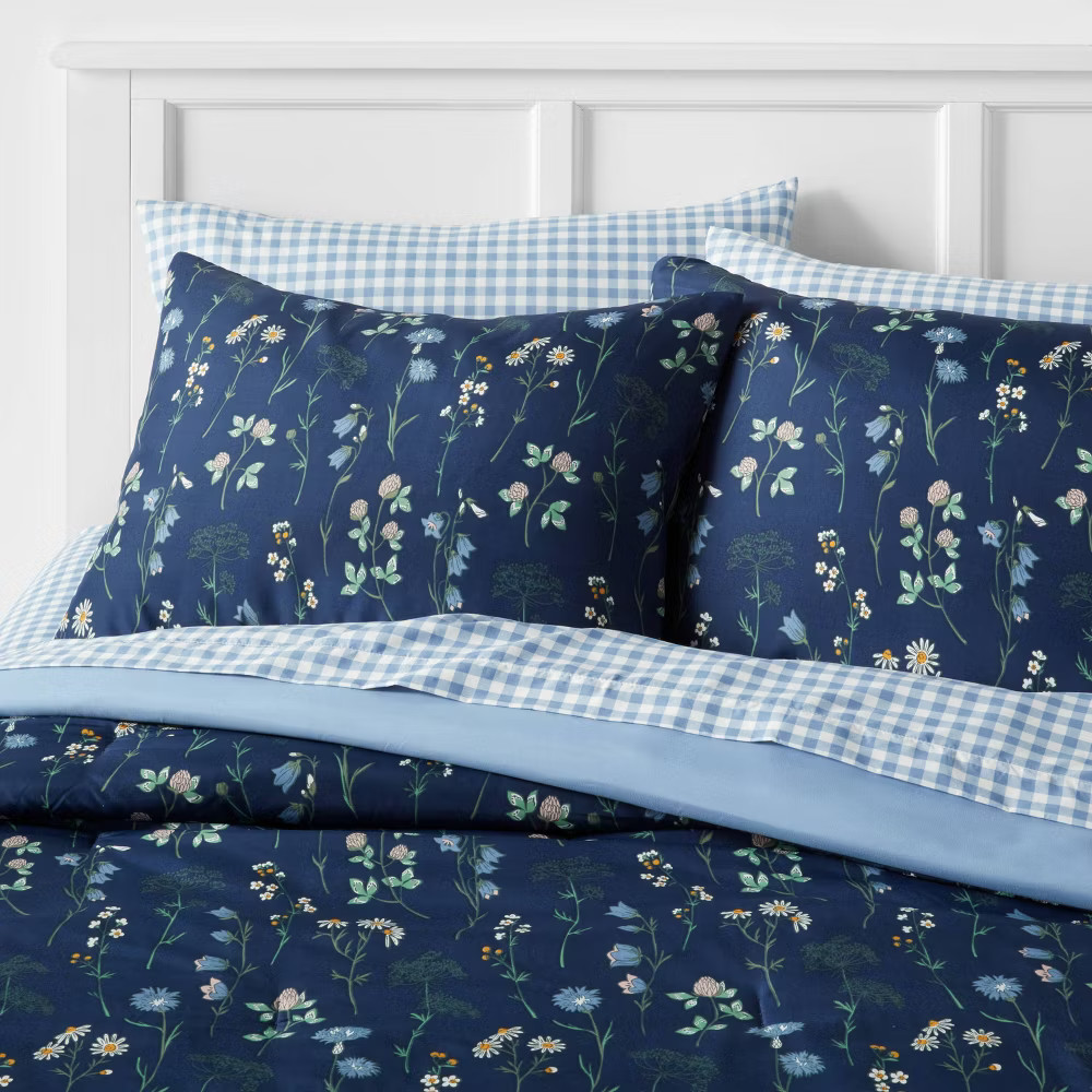 7pc King Floral Printed Microfiber Reversible Comforter & Sheets Set Navy - gallery