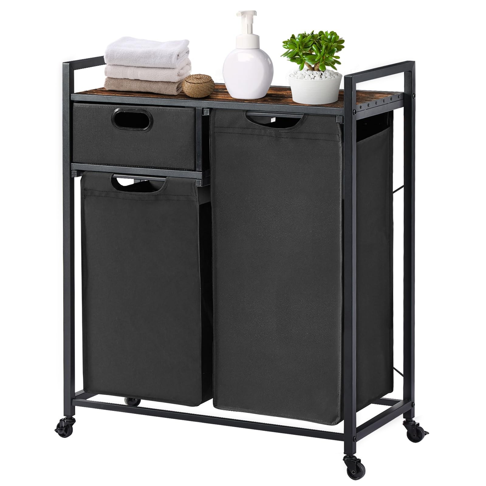 Large Rustic Brown & Black Laundry Basket with Wheels, 3 Compartments, 60L Ca... gallery