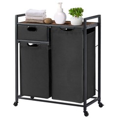 Large Rustic Brown & Black Laundry Basket with Wheels, 3 Compartments, 60L Ca…