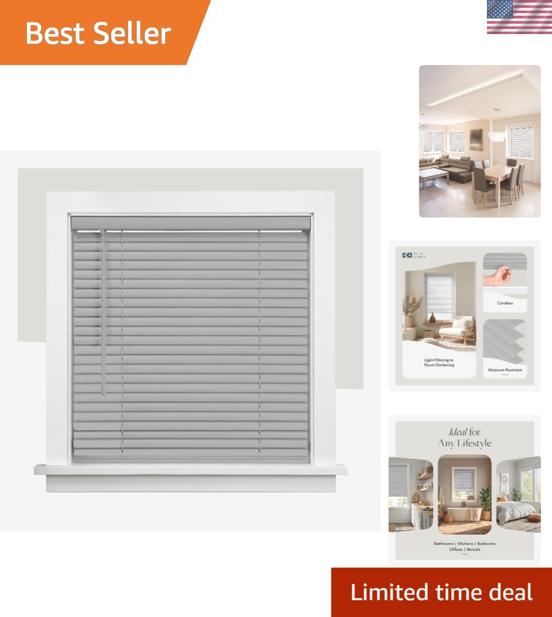 Elegant Child-Safe Cordless Mini Blinds, 12" W x 48" H, Gray Vinyl Slats gallery
