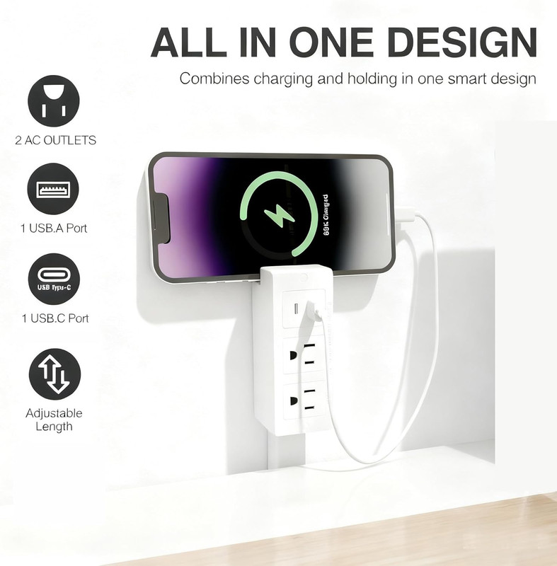 Electrical Outlet Extender Adjustable 17”-27” with 2 AC Outlets, USB-A & USB-C P gallery