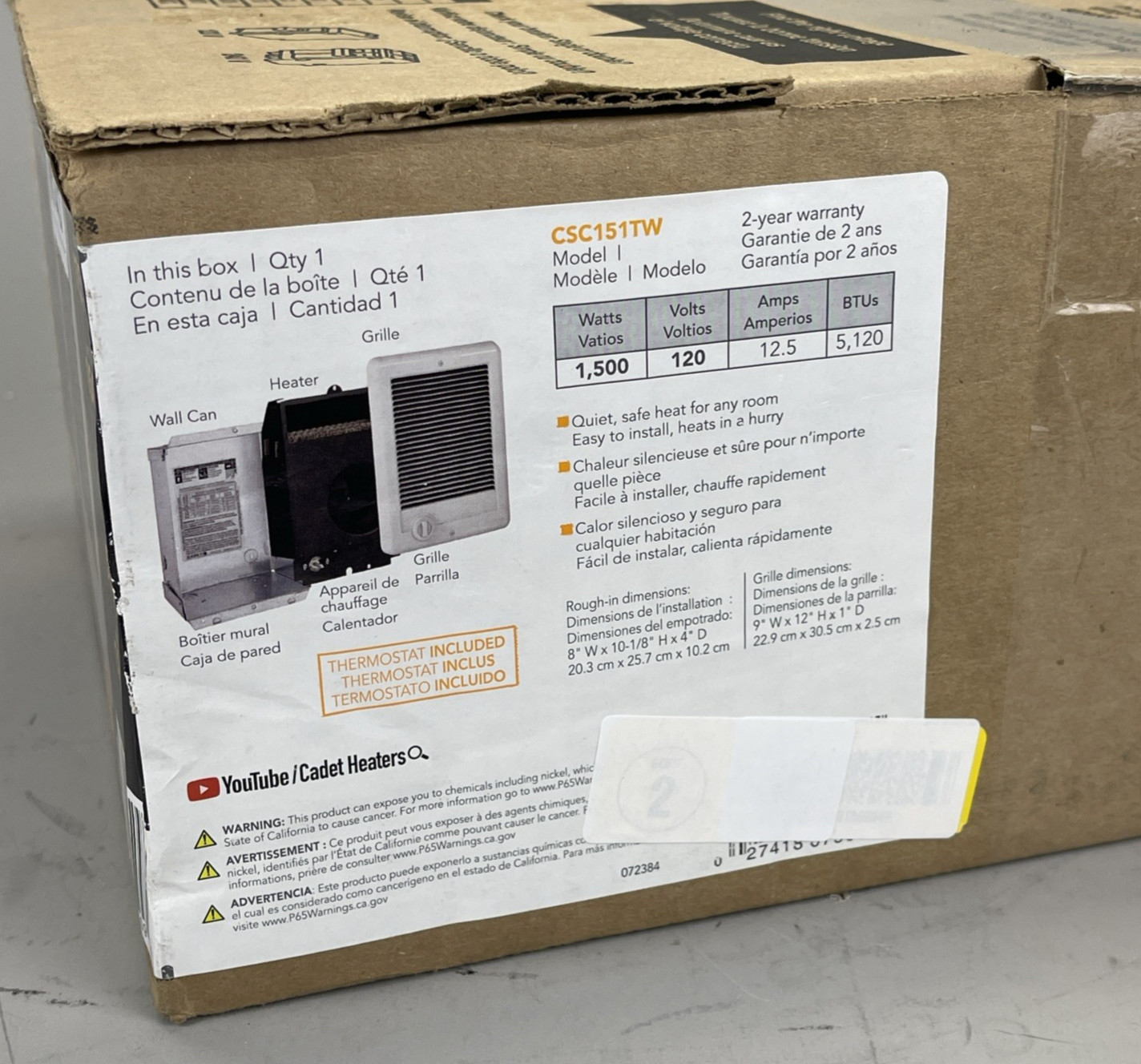 Cadet 1,500 W Com-Pak In Wall Fan forced Electric Heater White w/ Thermostat gallery