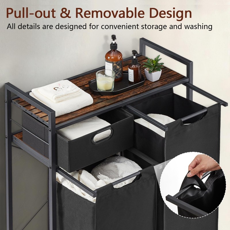 Large Rustic Brown & Black Laundry Basket with Wheels, 3 Compartments, 60L Ca... gallery