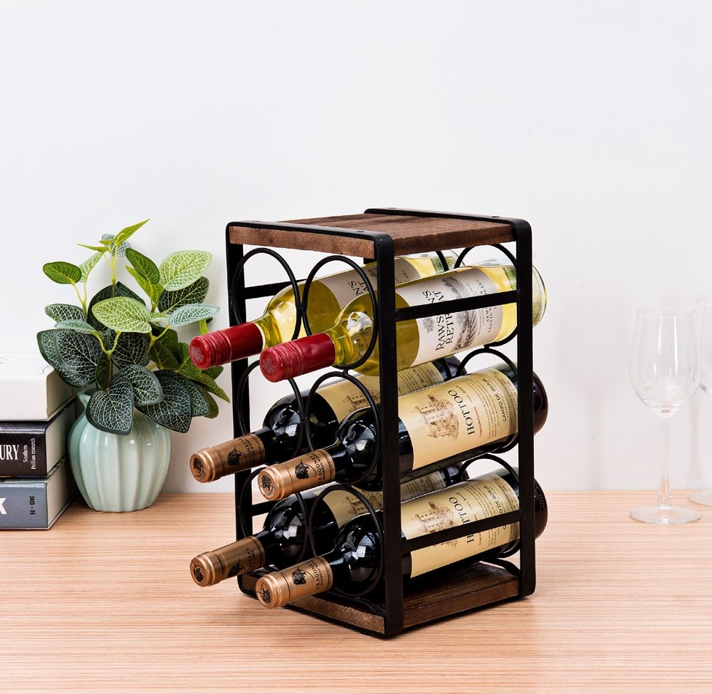 Rustic Wood Countertop Wine Rack 6 Bottles No Need Assembly Brown gallery
