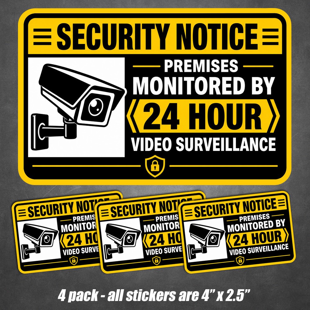 4-Pack Security Camera Notice 24 Hour Video Surveillance Stickers Vinyl Decals gallery