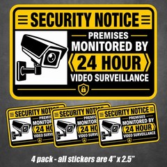 4-Pack Security Camera Notice 24 Hour Video Surveillance Stickers Vinyl Decals