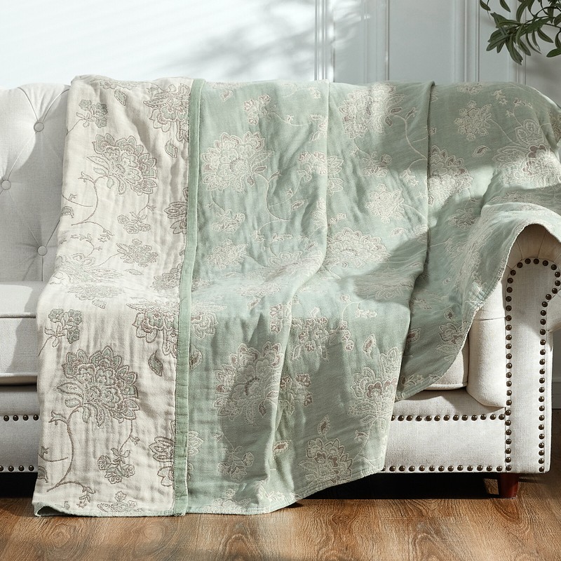 100% Cotton Throw Blanket For Couch 5 Layer Floral Embroidered Blanket 80"X90" gallery