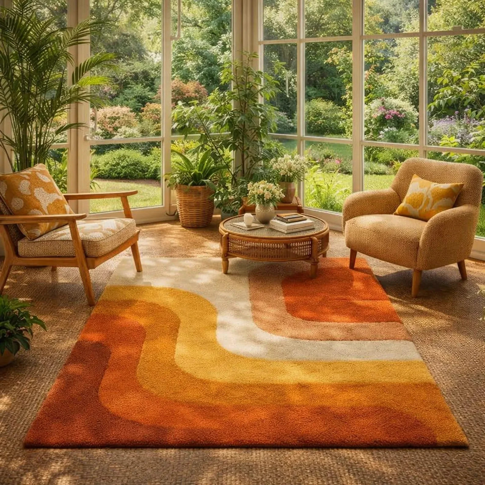Retro Mid Century Shag Rug 70s Geometric Orange Yellow Vintage Plush Carpet gallery