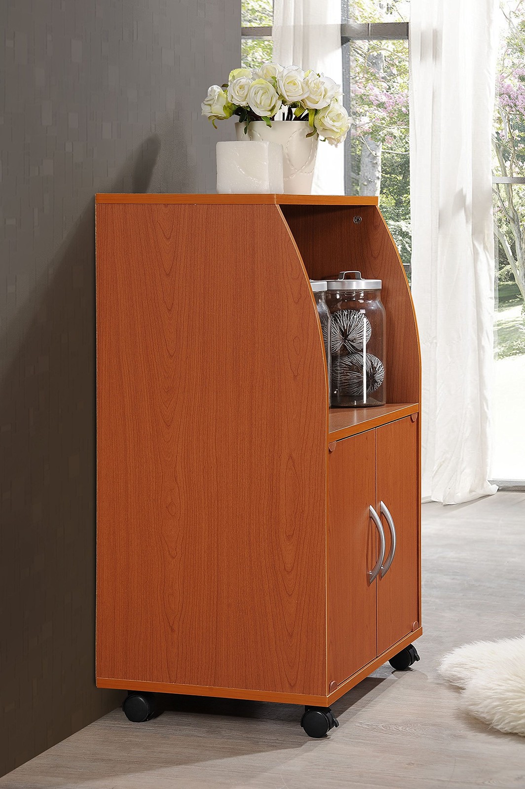 Hodedah Mini Microwave Cart Two Doors And Shelf For Storage Cherry Hik74 Cherry gallery