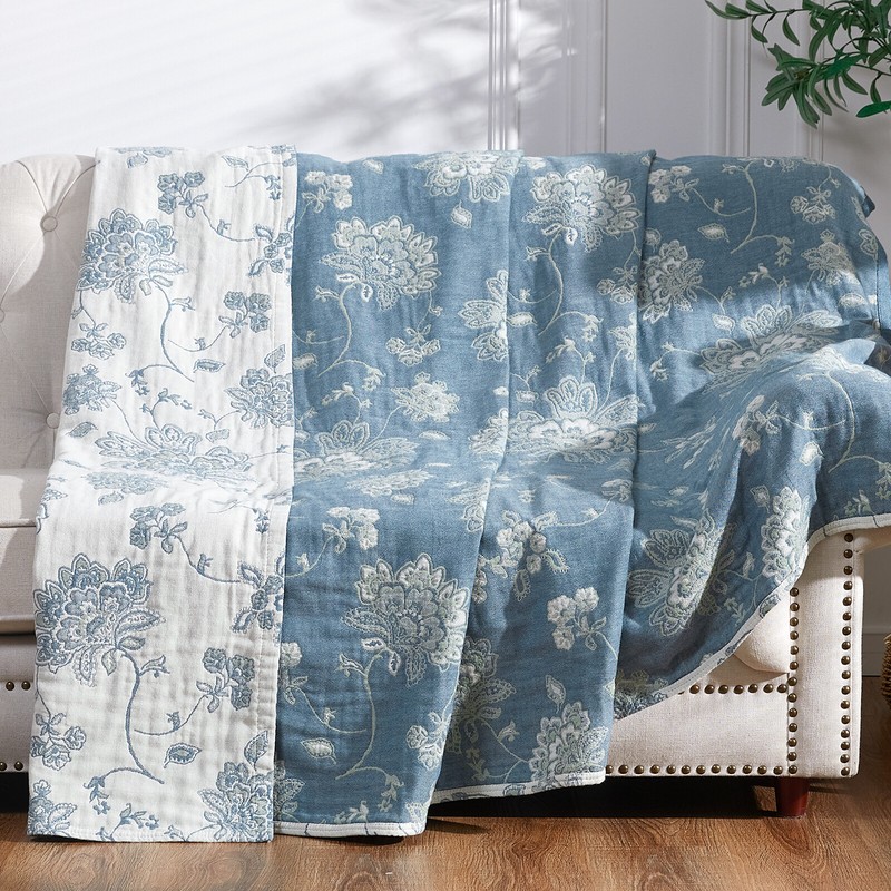 100% Cotton Throw Blanket For Couch 5 Layer Floral Embroidered Blanket 80"X90" gallery