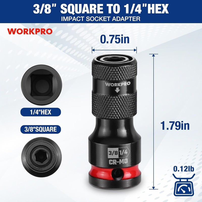 WORKPRO 3/8" Square to 1/4-in Hex Quick Release Bit Holder Impact Socket Adapter gallery