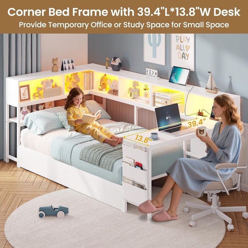 Twin Corner Bed Frame Daybed with Desk,Bookcase Storage,Charging Station, gallery