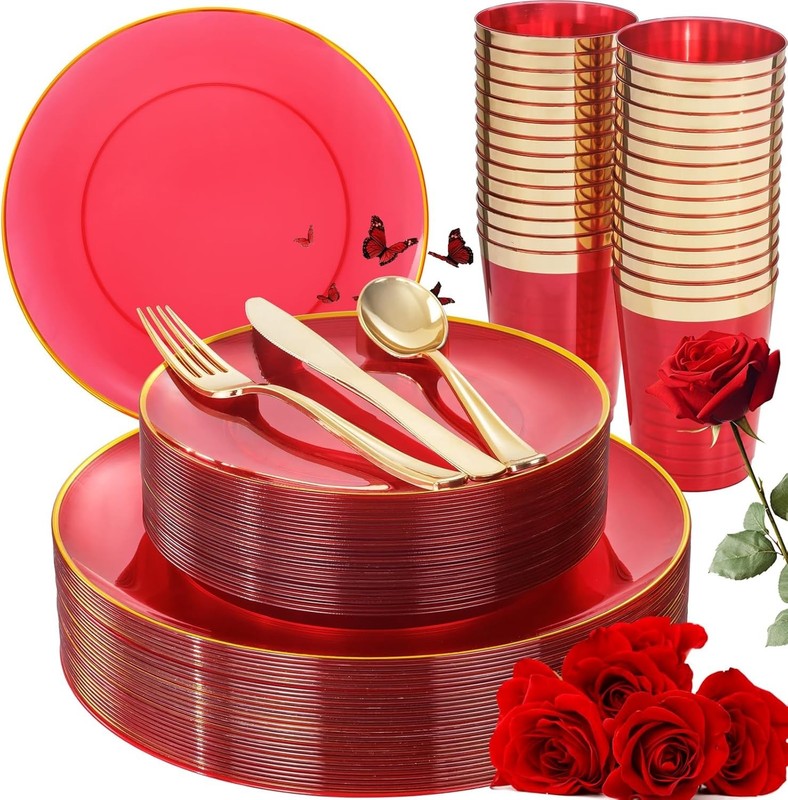 180-Pcs Red Plastic Dinnerware Set with Gold Accents - Hand Wash Only gallery