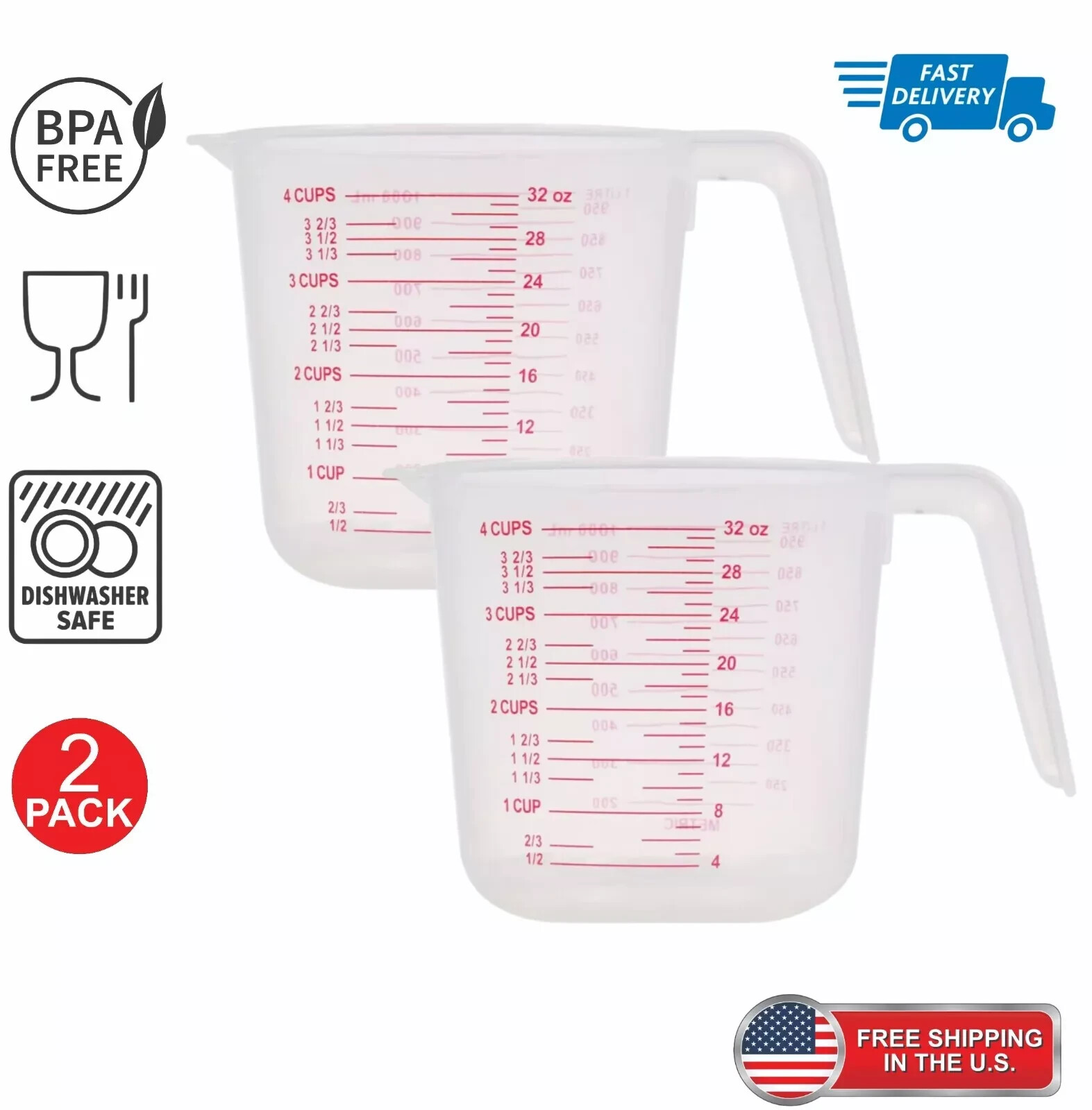 Large 4-Cup Capacity Clear Plastic Measuring Cups 2 PACKOpens in a new window or gallery