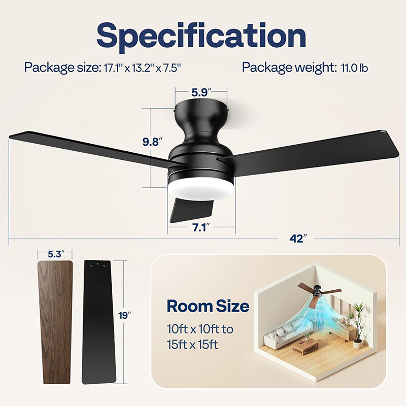 42-72'' Flush Mount LED Ceiling Fan with Light Remote 6+1 Speeds, 3CCT, Dimmable gallery